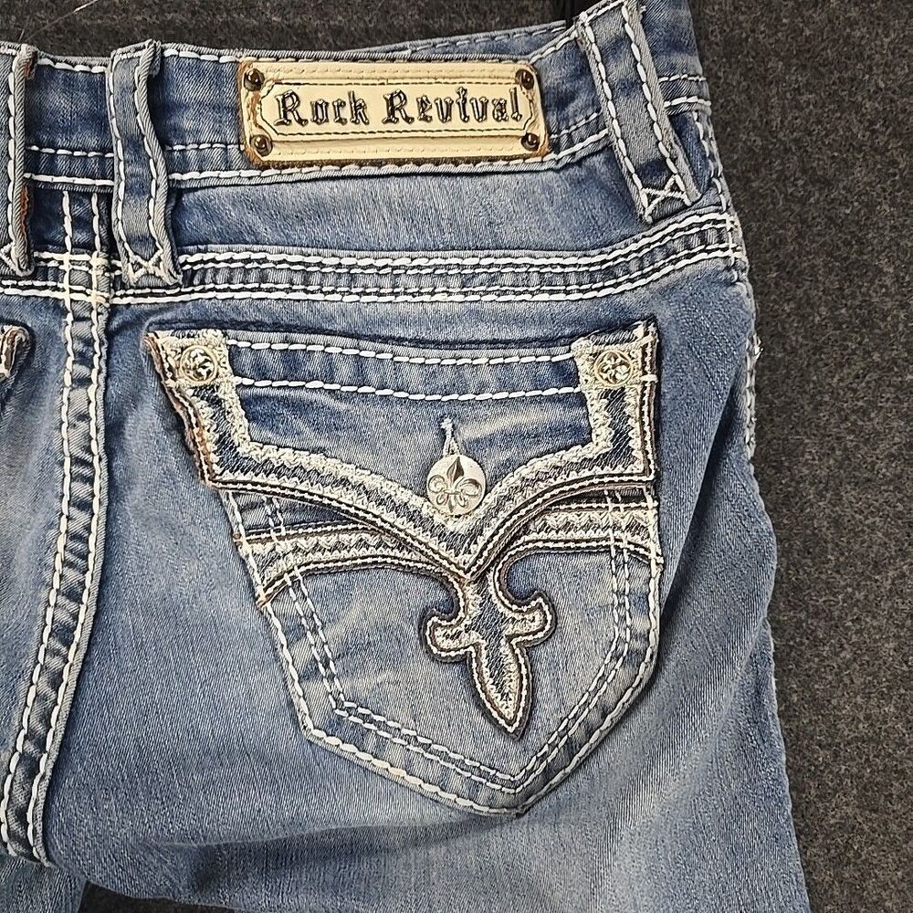 Rock Revival Jen Low Rise Embellished Flap Easy Straight Jeans 27 (32x32) - Picture 12 of 16